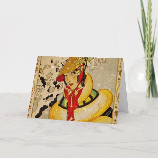 Retro Flapper Christmas Greetings Holiday Card (Front)