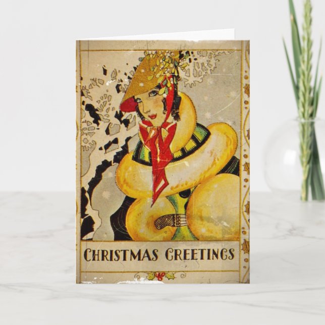 Retro Flapper Christmas Greetings Holiday Card (Front)