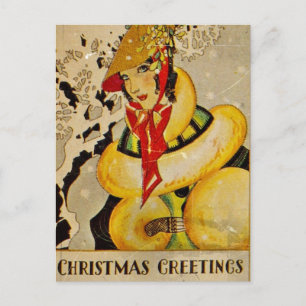 Retro Flapper Christmas Greetings Holiday Postcard