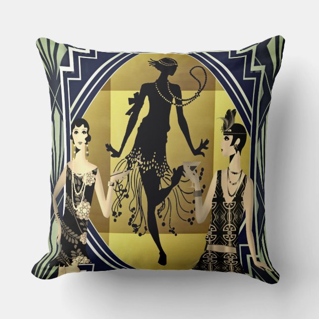 Retro Flapper Dancers Black Gold Cushion (Front)
