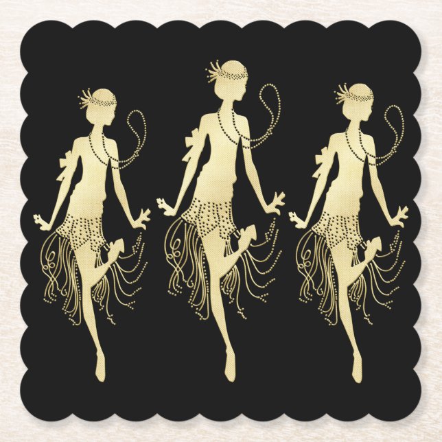 Retro Flappers Black Background Paper Coaster (Front)