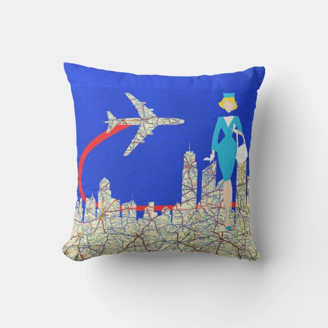 Retro Flight Attendant Throw Pillow (Front)