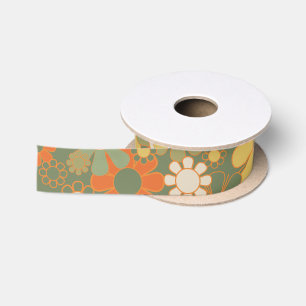 Retro Floral 70s Pattern Satin Ribbon