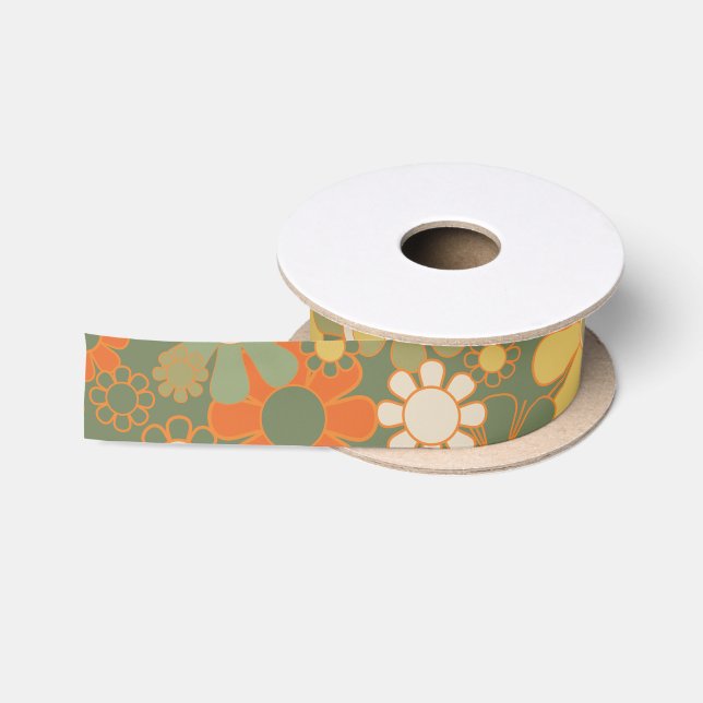 Retro Floral 70s Pattern Satin Ribbon (Spool)