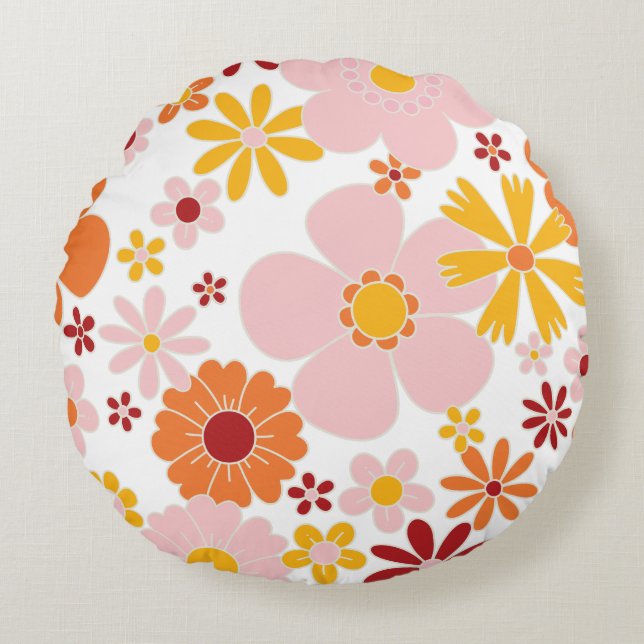 Retro Floral 70's  Round Cushion (Front)
