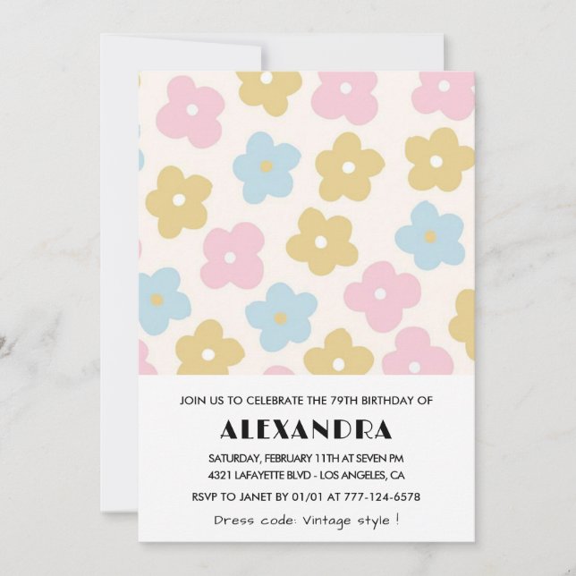 Retro Floral 79th birthday invitations  (Front)
