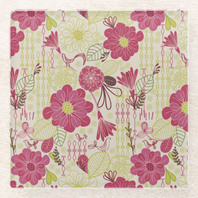 Retro Floral and Birds Sketch Pattern Glass Coaster (Front)