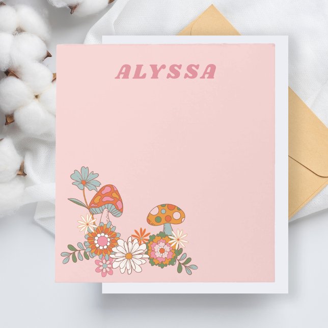 Retro Floral and Mushroom Modern Pastel Pink Notepad (Creator Uploaded)