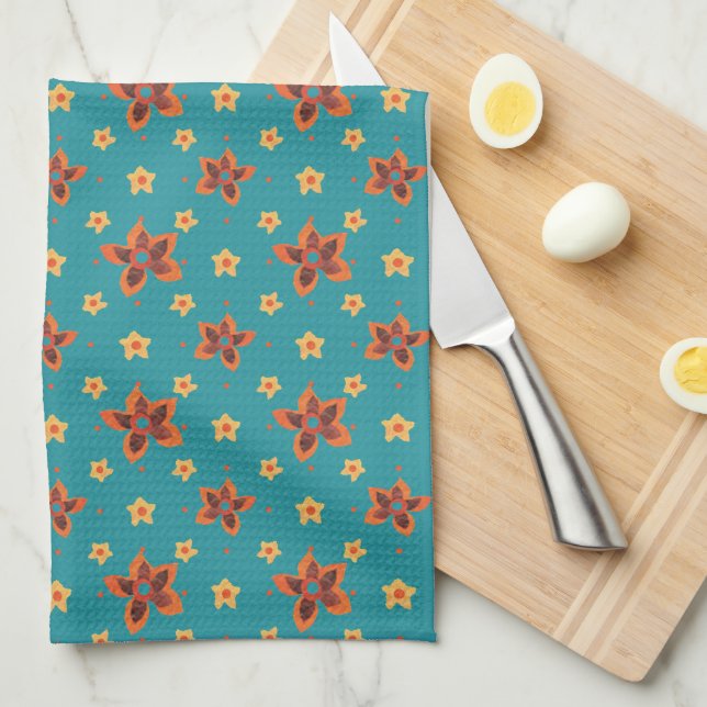 Retro Floral and Polkas on Teal Kitchen Towel (Quarter Fold)