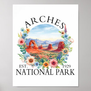 Retro Floral Arches National Park Hiking Camping O Poster
