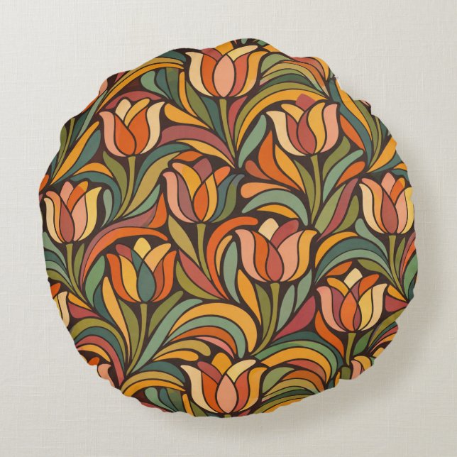 Retro Floral Art Nouveau Pattern Décor Round Cushion (Back)