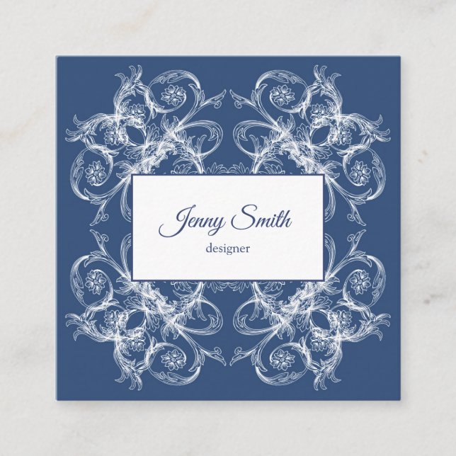 Retro Floral Baroque Square Business Card (Front)