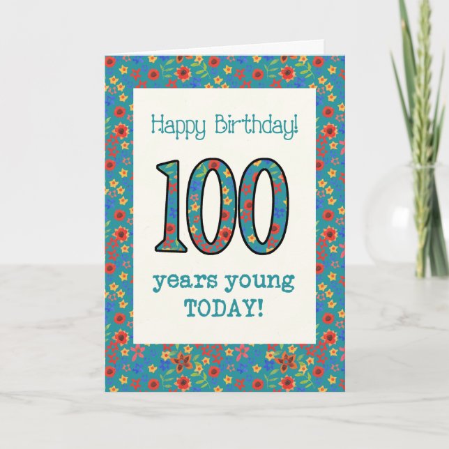 Retro Floral Birthday Card 100 Years Young (Front)