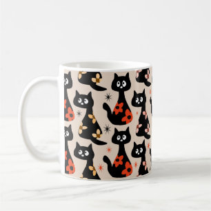 Retro Floral Black Cats (Soft Beige) Coffee Mug