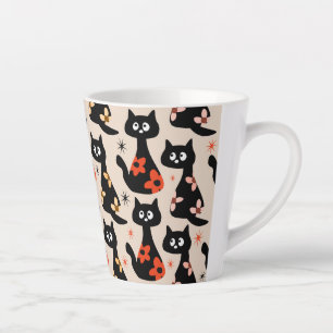 Retro Floral Black Cats (Soft Beige) Latte Mug