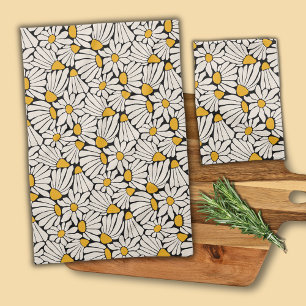 Retro Floral black yellow block print Tea Towel