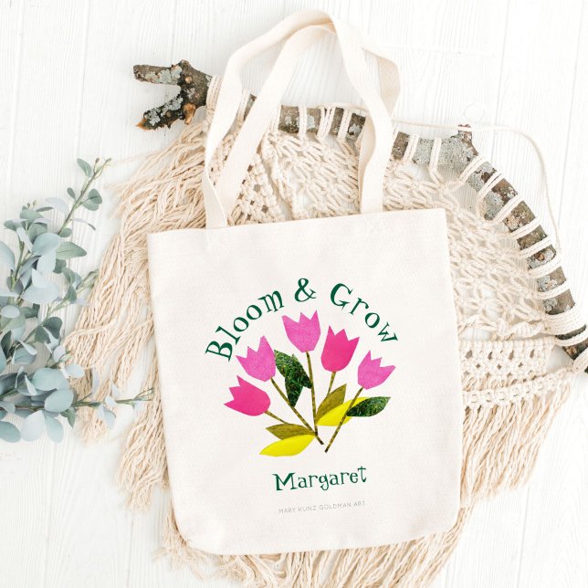 Retro Floral Bloom & Grow Cute Personalised Spring Tote Bag (These bright retro tulips are  my own original cut paper art. It's paired with vintage typography.)