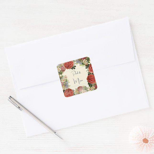Retro Floral BOHO Wedding Invitation Square Sticker (Envelope)