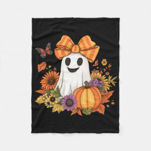 Retro Floral Boo Ghost Pumpkin Bow Halloween Women Fleece Blanket