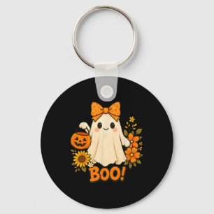 Retro Floral Boo Ghost Pumpkin Bow Halloween Women Key Ring
