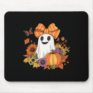 Retro Floral Boo Ghost Pumpkin Bow Halloween Women Mouse Mat