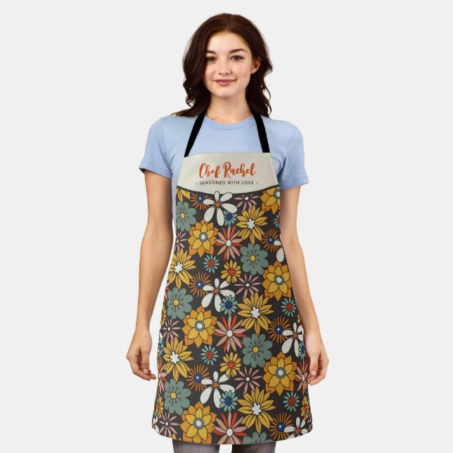 Retro Floral Brown Gold Teal Personalised  Apron (Worn)