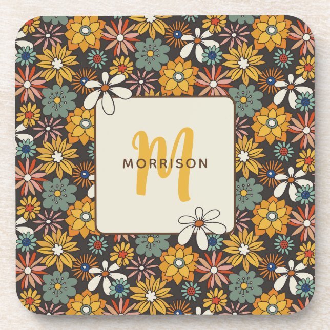 Retro Floral Brown Gold Teal Personalised  Coaster (Front)
