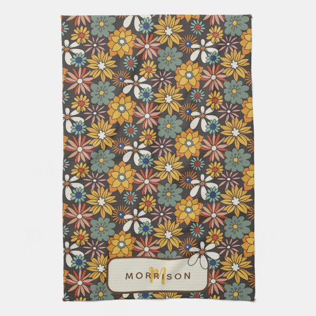 Retro Floral Brown Gold Teal Personalised  Tea Towel (Vertical)