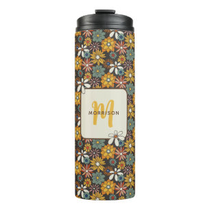 Retro Floral Brown Gold Teal Personalised  Thermal Tumbler