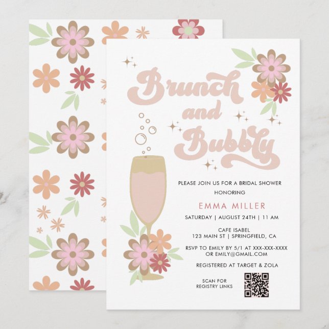 Retro Floral Brunch and Bubbly Bridal Shower  Invitation (Front/Back)