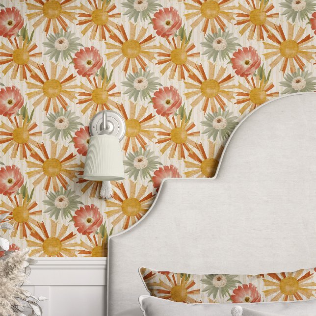 Retro Floral Burst on Beige Wallpaper (Creator Uploaded)