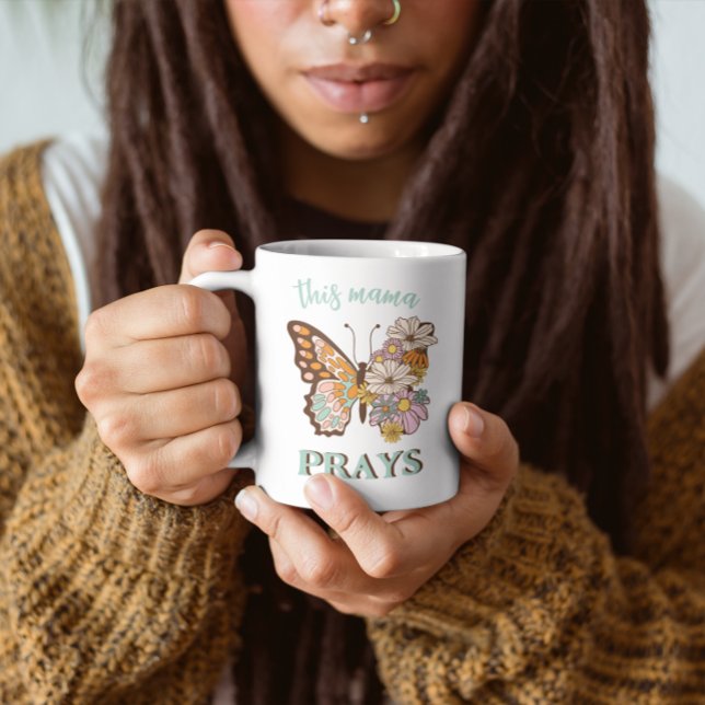 Retro Floral Butterfly This Mama Prays Coffee Mug (Creator Uploaded)