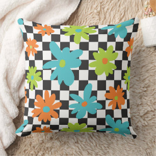 Retro Floral Chequerboard Grid Pattern Cushion