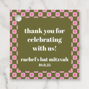 Retro Floral Chequerboard Pink Green Bat Mitzvah Favour Tags