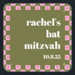 Retro Floral Chequerboard Pink Green Bat Mitzvah  Square Sticker<br><div class="desc">Custom Retro Floral Chequerboard Pink and Green Bat Mitzvah Invitation</div>
