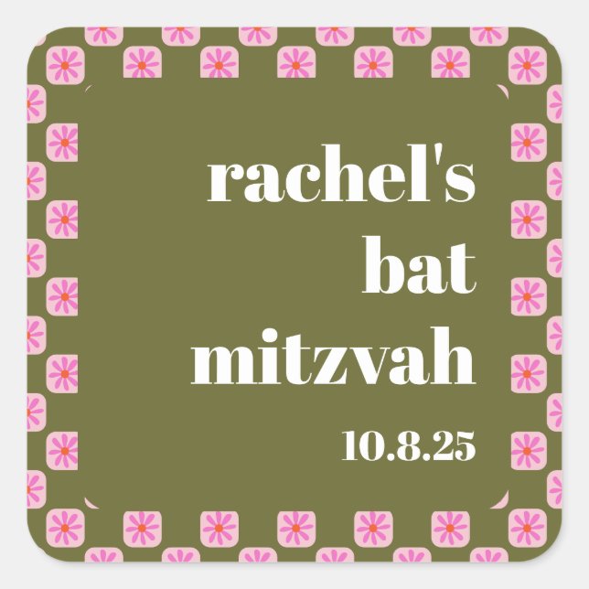 Retro Floral Chequerboard Pink Green Bat Mitzvah  Square Sticker (Front)