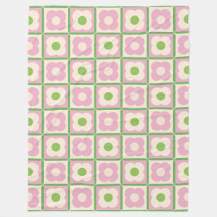Retro Floral Chequered Pattern Pink and Green Fleece Blanket