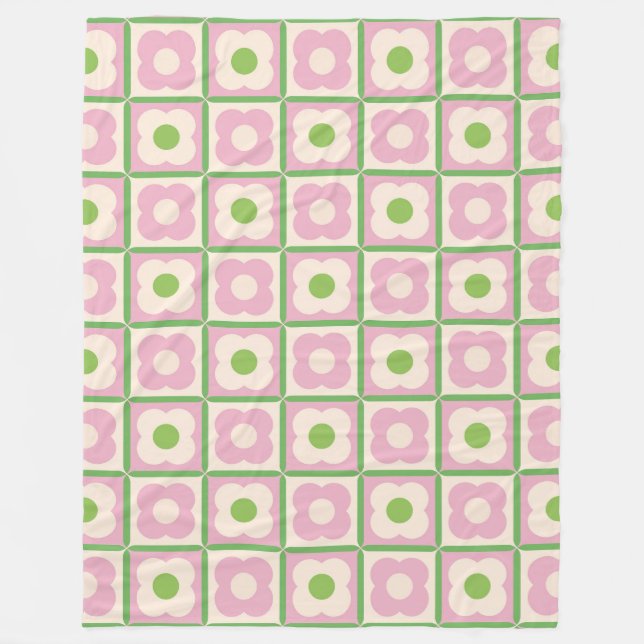 Retro Floral Chequered Pattern Pink and Green Fleece Blanket (Front)