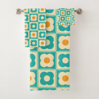Retro Floral Chequered Pattern Teal, Cream, Orange