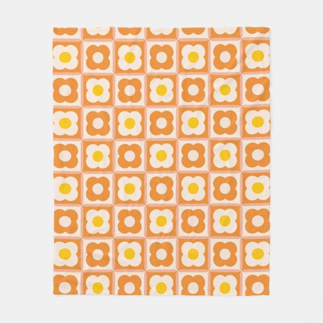 Retro Floral Chequered Pattern Yellow, Orange Fleece Blanket (Front)