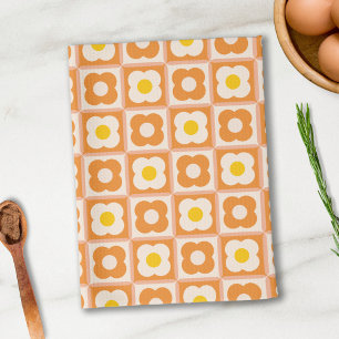Retro Floral Chequered Pattern Yellow, Orange Tea Towel