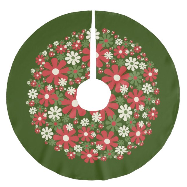 Retro Floral Christmas Flowers Red Green Cream Brushed Polyester Tree Skirt (Front)
