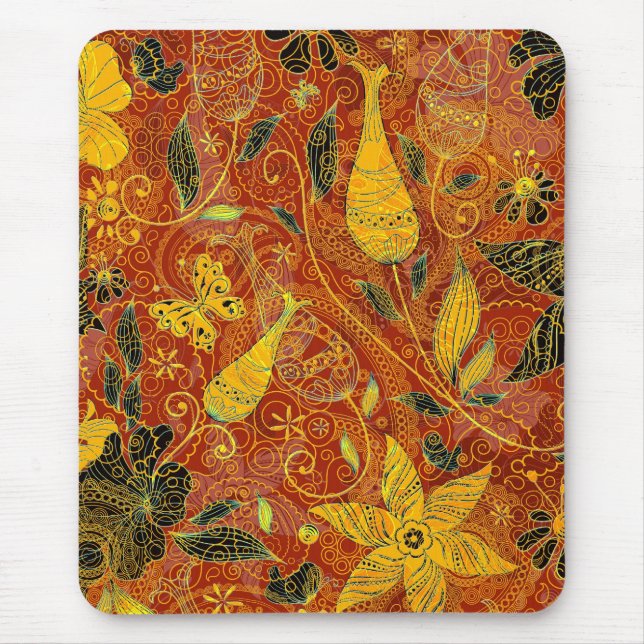 Retro Floral Collage-Yellow & Red Mouse Mat (Front)