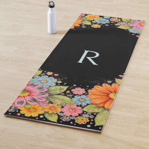 Retro Floral Colorful Monogram Yoga Mat