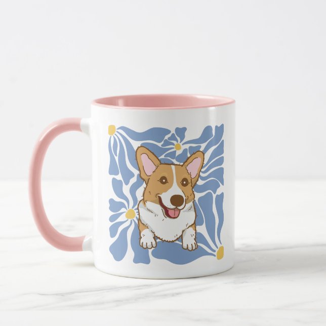 Retro Floral Corgi Lover Pink & Purple Coffee Mug (Left)