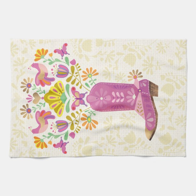 Retro floral cowboy boot, kitchen towel (Horizontal)