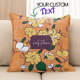 Retro Floral Daisy Orange Autumn Custom Name Cushion
