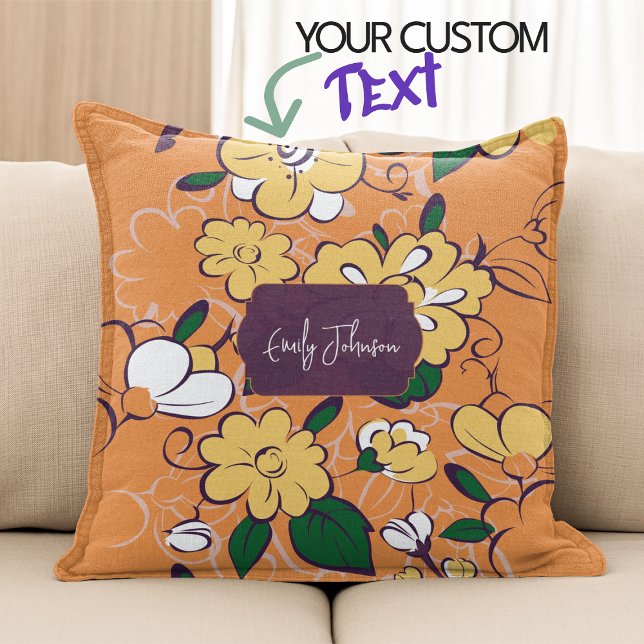 Retro Floral Daisy Orange Autumn Custom Name Cushion (Bohemian Meadow Floral Sketch Style Throw Pillow)