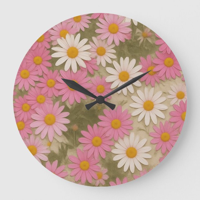 Retro Floral Daisy Pattern Aesthetic Design Large Clock (Front)