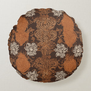 Retro Floral Damask Brown & Burnt Orange Round Cushion